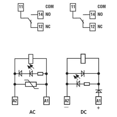'Schakelschema's van relais' tonen twee schakeldiagrammen voor wisselstroom (AC) en gelijkstroom (DC) met markeringen voor aansluitingen en diodes.