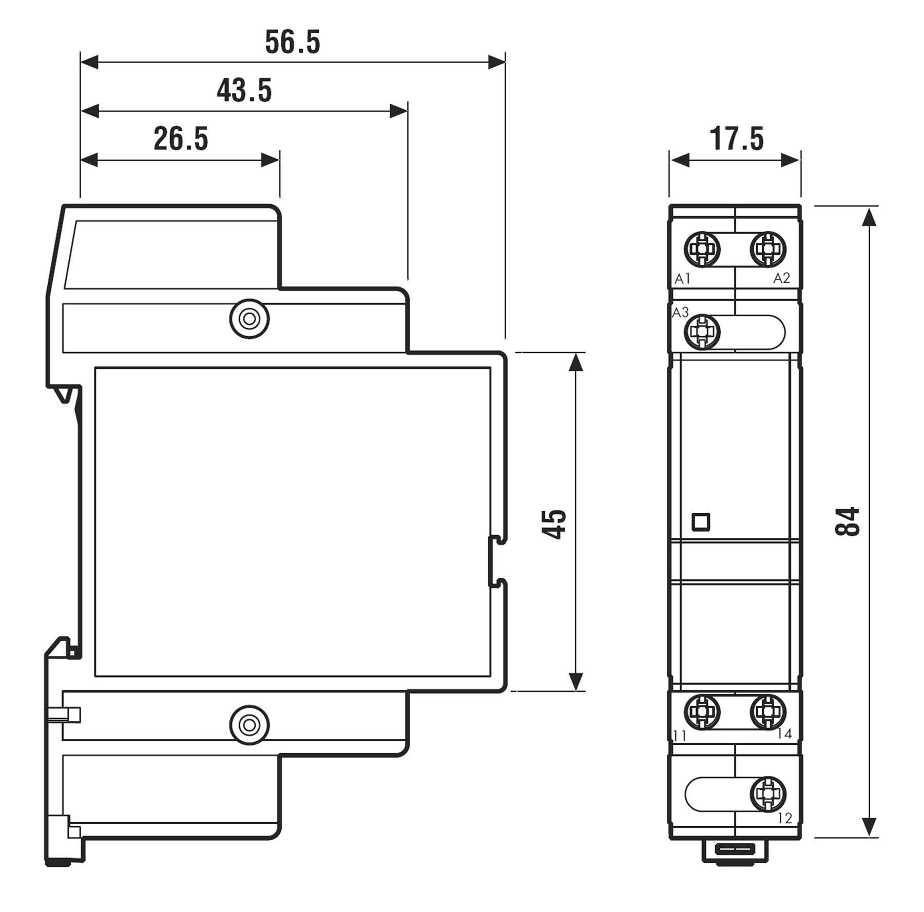 Technische tekening van een elektronisch apparaat met afmetingen: breedte 56,5 mm, diepte 26,5 mm, hoogte 84 mm. Voor- en zijaanzicht.