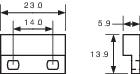 Technische tekening met afmetingen: lengte 23,0, breedte 14,0, hoogte 13,9 en afstand van 5,9 tussen elementen.
