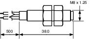 Technische tekening van een cilindrische stekker met afmetingen: lengte 39,0 mm, totaal 500 mm, schroefdraad M8 x 1,25.