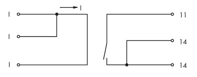 Elektrisch schakelschema: Twee schakelingen met pijl. Links: twee verticale lijnen verbonden. Rechts: horizontale lijn met twee aftakkingen naar '11' en '14'.