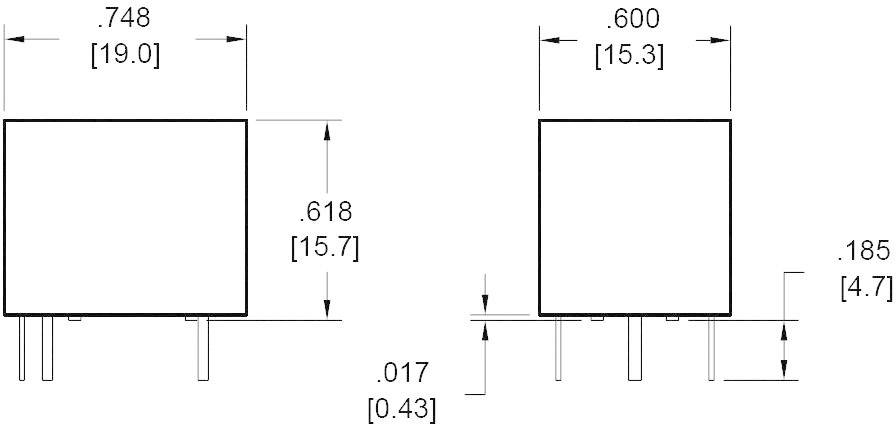 Technische tekening met afmetingen van een rechthoekig onderdeel. Breedte: '.748 [19.0]'. Hoogte: '.618 [15.7]'. Diepte: '.600 [15.3]' en afstand van de grond '.185 [4.7]'.