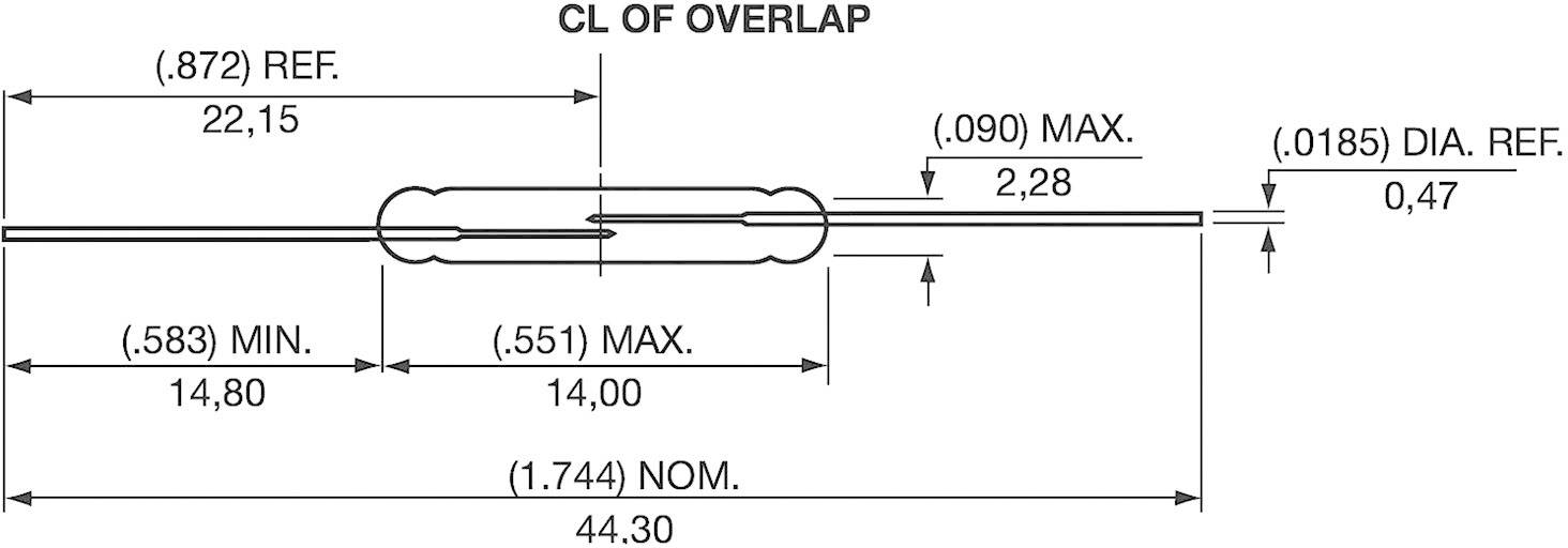 Technische tekening van een buisonderdeel met afmetingen in millimeters: lengte 44,30 mm, breedte 2,28 mm, gedetailleerde specificaties voor overlap en diameter.