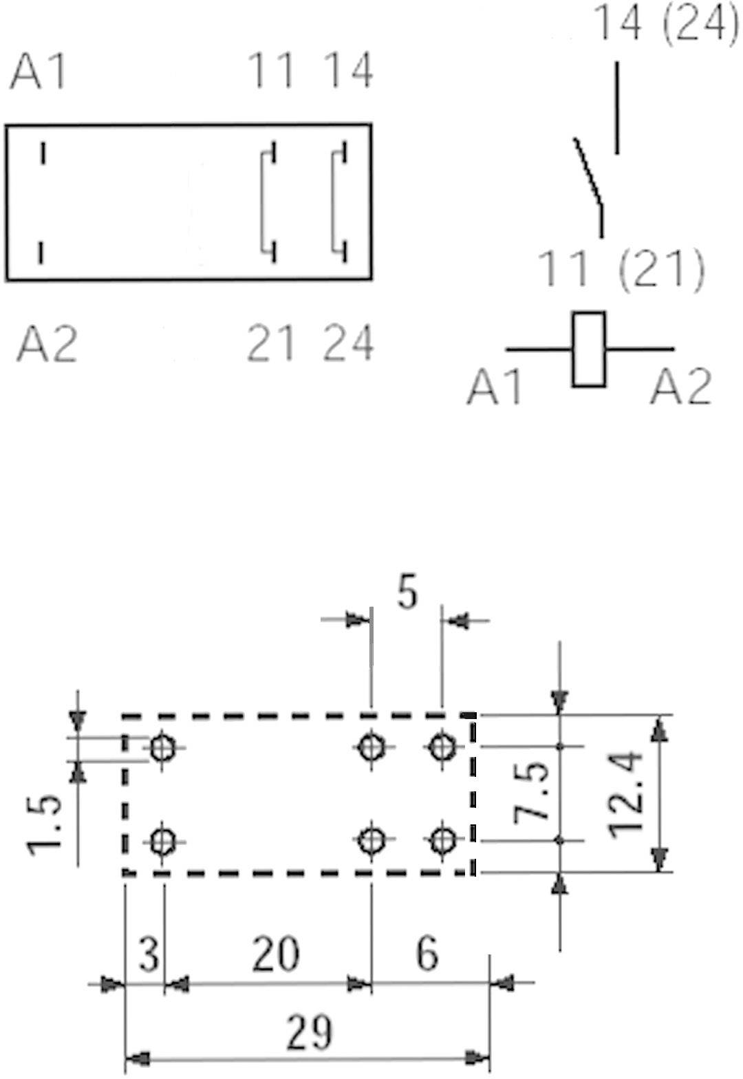 Technische tekening van een elektrisch schakelschema met afmetingen en aansluitingen, toont verbindingspunten en afstanden in millimeters.