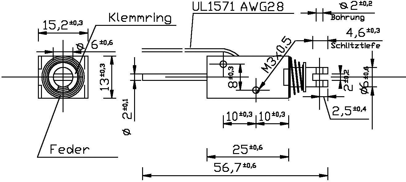 Technische tekening van een elektrische stekker met afmetingen: totale lengte 56,7 mm, boring 4,6 mm diep. Kabel UL1571 AWG28.