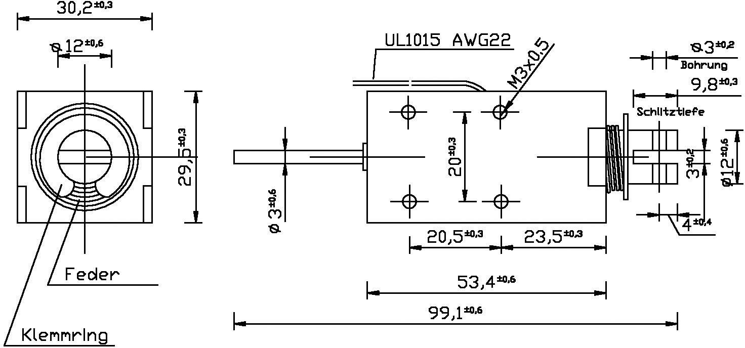 Technische tekening van een solenoïde met afmetingen in millimeters. De weergave toont zij- en vooraanzicht met gedetailleerde afmetingen.
