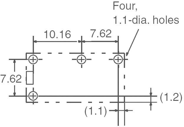Technische tekening met vier gaten, diameter 1,1. Afmetingen: 10,16 cm en 7,62 cm. Lijnen markeren de positie en afstanden van de gaten.