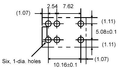 Technische tekening van een rechthoekig gatpatroon met zes gaten. Afmetingen: 2,54 cm, 7,62 cm, 10,16 cm. Toleranties staan ernaast.