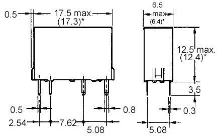 Technische tekening van een elektronisch onderdeel met afmetingen in millimeters. Maximale breedte 17,5, hoogte 12,5, diepte 6,5.
