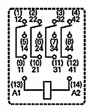 'Schakelschema van een elektrische schakelaar met vier schakelpunten, genummerde contacten en aansluitingen A1 en A2.'