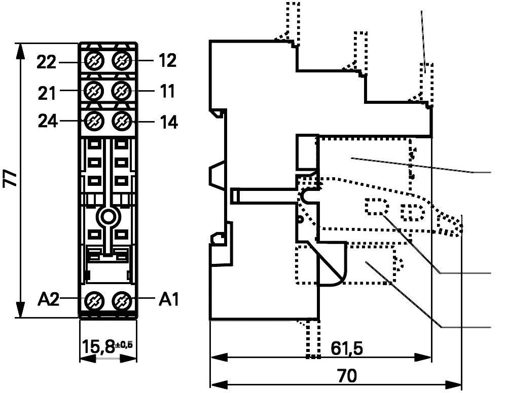 'Elektrisch bedradingsschema en afmetingen van een relaismodule. Links: 77x15,8 mm. Rechts: Profielaanzicht, diepte 70 mm.'