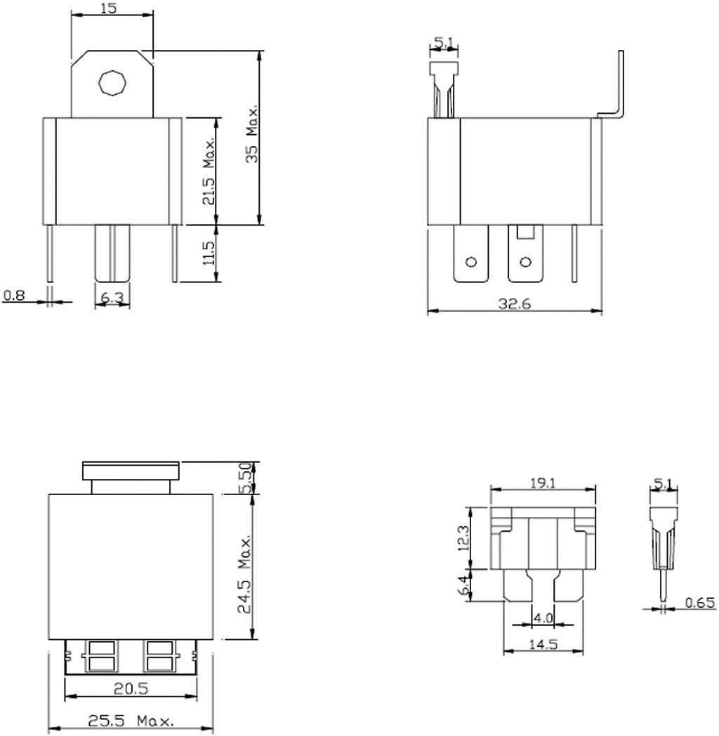 Technische tekening van een elektrisch relais, met meerdere aanzichten, maatvoering en aansluitdetails.