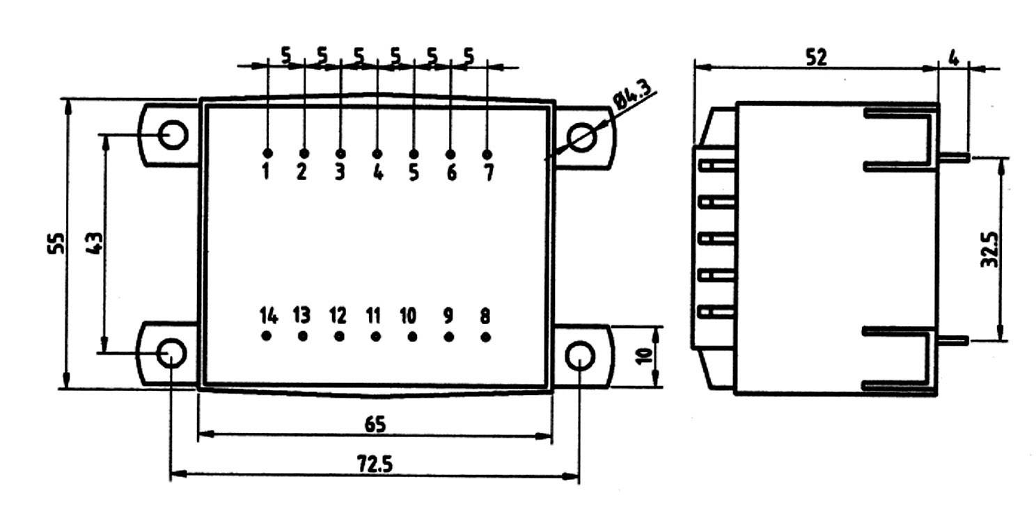 Technische tekening van een rechthoekige stekkerverbinding met afmetingen in millimeters. Vooraanzicht: breedte 72,5 mm, hoogte 55 mm. Zijaanzicht: lengte 32,5 mm.
