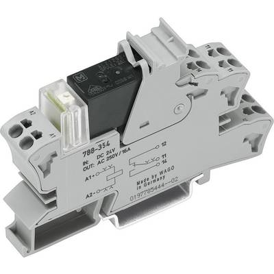 Een grijs railrelais met opschrift en aansluitklemmen, geschikt voor 24V DC of 250V AC, 16A van WAGO.