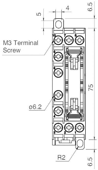 Technische tekening van een smal elektrisch onderdeel met M3 schroefklemmen. Afmetingen: lengte 75 mm, breedte 6,5 mm, geboorde gat diameter 6,2 mm.