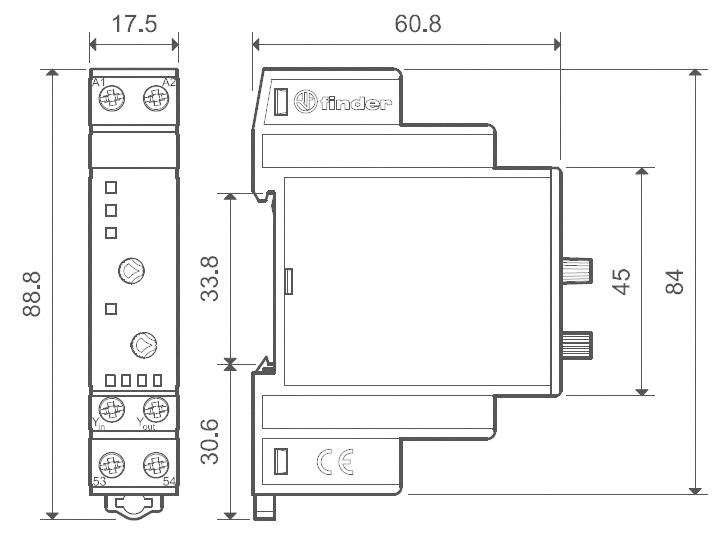 Technische tekening van een elektronisch onderdeel met afmetingen: hoogte 88,8 mm, breedte 17,5 mm, lengte 60,8 mm.