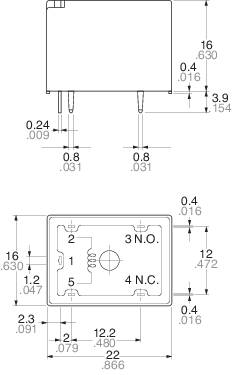 Diagram van een elektromechanische schakelaar met contactdetails: 3NO, 4NC, afmetingen 29 mm x 12 mm, aansluitpenindeling weergegeven.