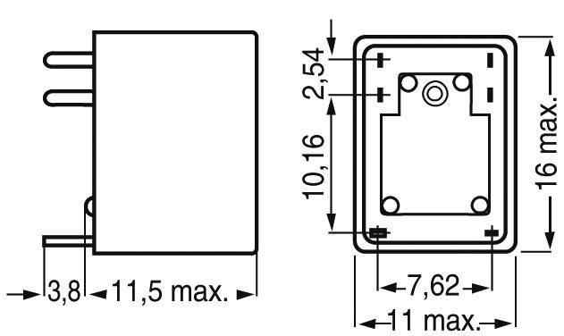 Technische tekening van een elektrisch onderdeel met afmetingen: breedte 11,5 mm, hoogte 16 mm. Boorgat-posities en -afstanden aangegeven.