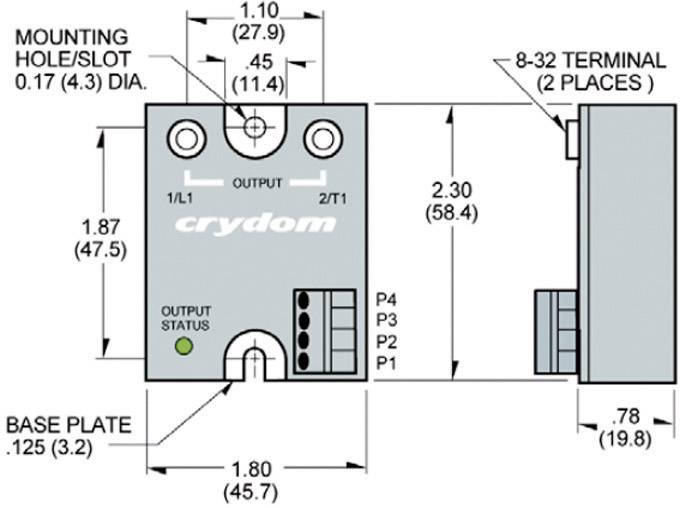Afbeelding toont technische tekening van een elektrisch relais met afmetingen in inches en millimeters, aansluitingen en statusaanduiding.