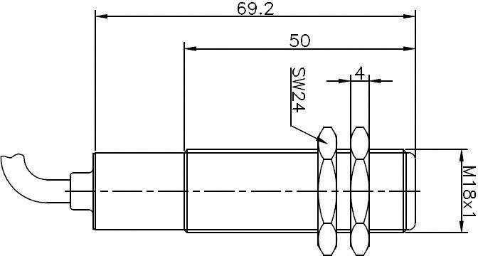 Technische tekening van een cilindrische sensor met kabelaansluiting. Gegeven afmetingen: Totale lengte 69,2 mm, schroefdraadlengte 50 mm, diameter M18x1.