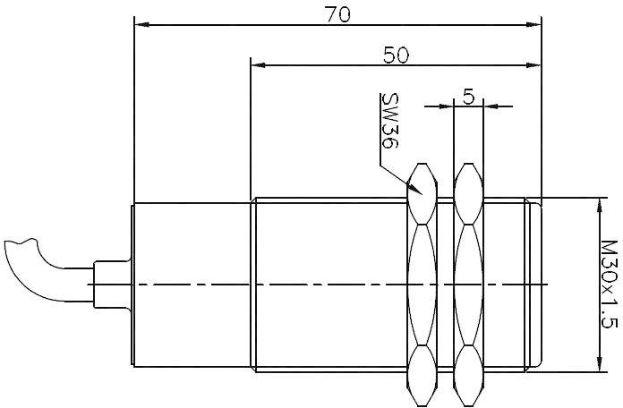 Technische tekening van een cilindrisch onderdeel met afmetingen en schroefdraadspecificaties: lengte 70 mm, diameter M30x1,5, SW36 sleutelwijdte.
