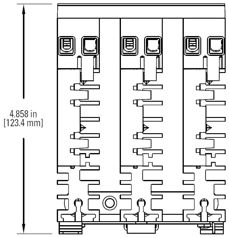 Technische tekening van een driepolige elektrische schakelaar, hoogte 123,4 mm (4,858 inch), toont gedetailleerde aansluitingen en structuur.