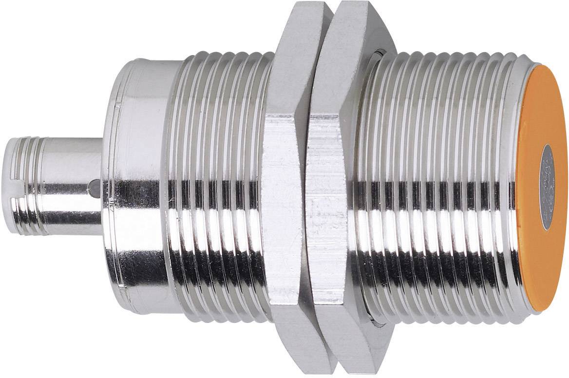 Een cilindrische, metalen sensor met een oranje kop, die ingebouwd wordt in machines of apparaten voor contactloze detectie.