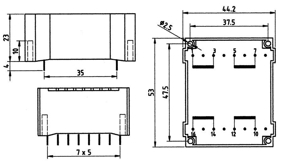 Technische tekening van een rechthoekig elektronisch onderdeel met nauwkeurige afmetingen in millimeters, toont voor-, zij- en bovenaanzicht.