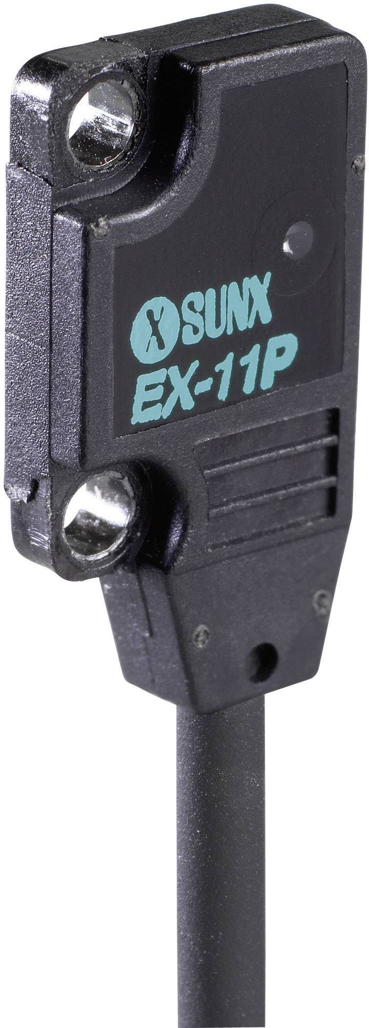 Een rechthoekige, zwarte sensor met het opschrift 'SUNX EX-11P', bevestigd met twee metalen schroeven, en een kabel aan de onderkant.