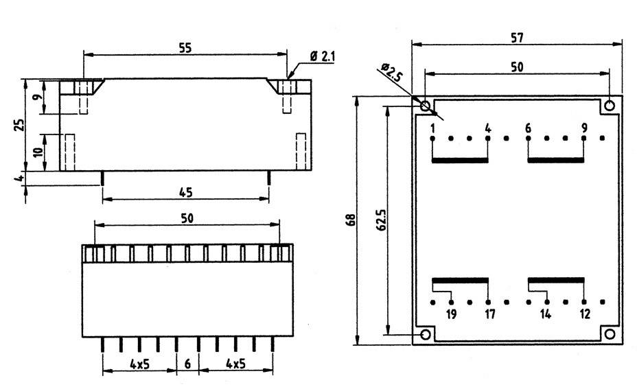 Technische tekening van een rechthoekig elektronisch module met afmetingen in millimeters. Zij- en bovenaanzicht tonen aansluitingen en boorgaten.