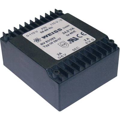 Voedingsmodule met opschrift: 'PRI: 115V, 50-60Hz, 24.9VA', fabrikant 'WEISS GmbH'. Elektronische componenten voor transformatoren.