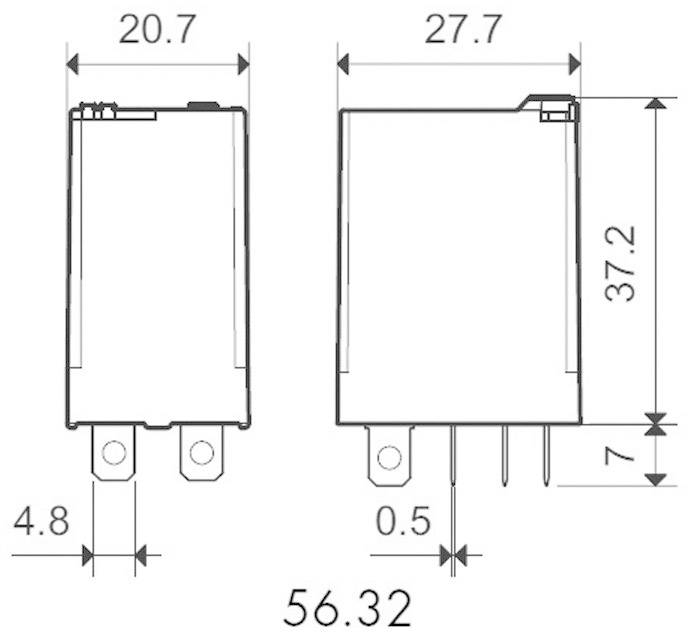 Technische tekening van een rechthoekig elektronisch onderdeel met afmetingen; hoogte: 37,2 mm, breedte: 27,7 mm, diepte: 20,7 mm.