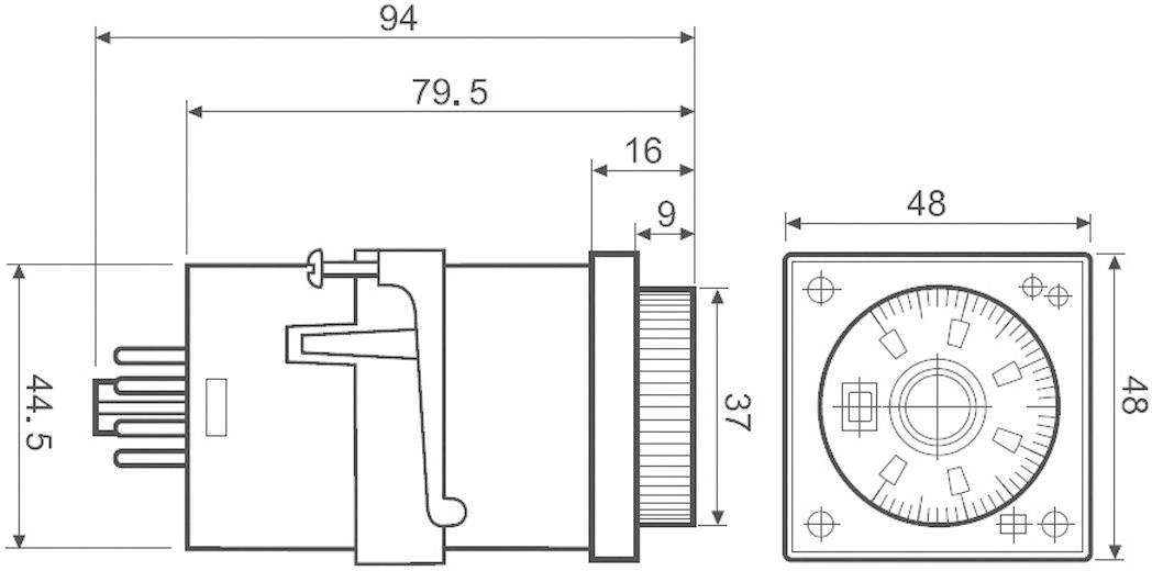 Technische tekening van een elektrische stekker met afmetingen: lengte 94 mm, breedte 44,5 mm, en vooraanzicht 48x48 mm.