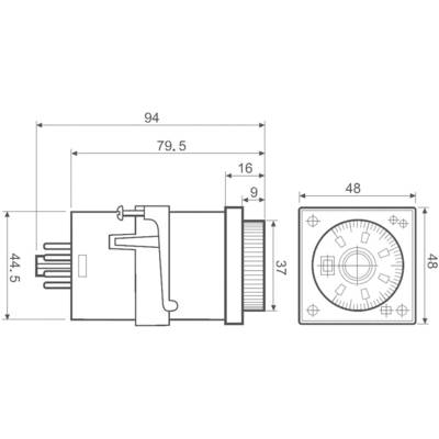 Technische tekening van een elektrische stekker met afmetingen: lengte 94 mm, breedte 44,5 mm, en vooraanzicht 48x48 mm.