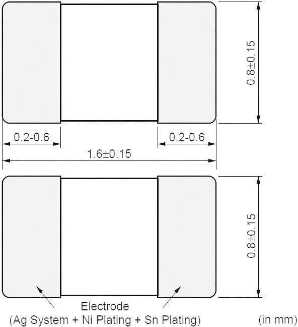 Afbeelding toont de afmetingen van een rechthoekig elektronisch onderdeel met elektroden. Breedte: 1,6 mm, hoogte: 0,8 mm, coating: Ag, Ni, Sn.