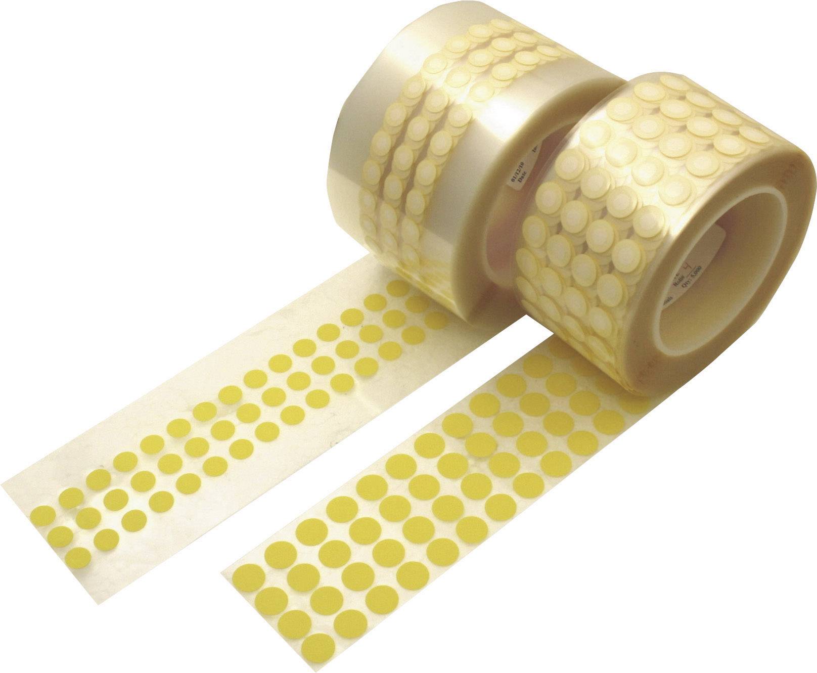 Twee rollen met gele, ronde stickers op transparant dragermateriaal, waarvan een gedeeltelijk afgerold.