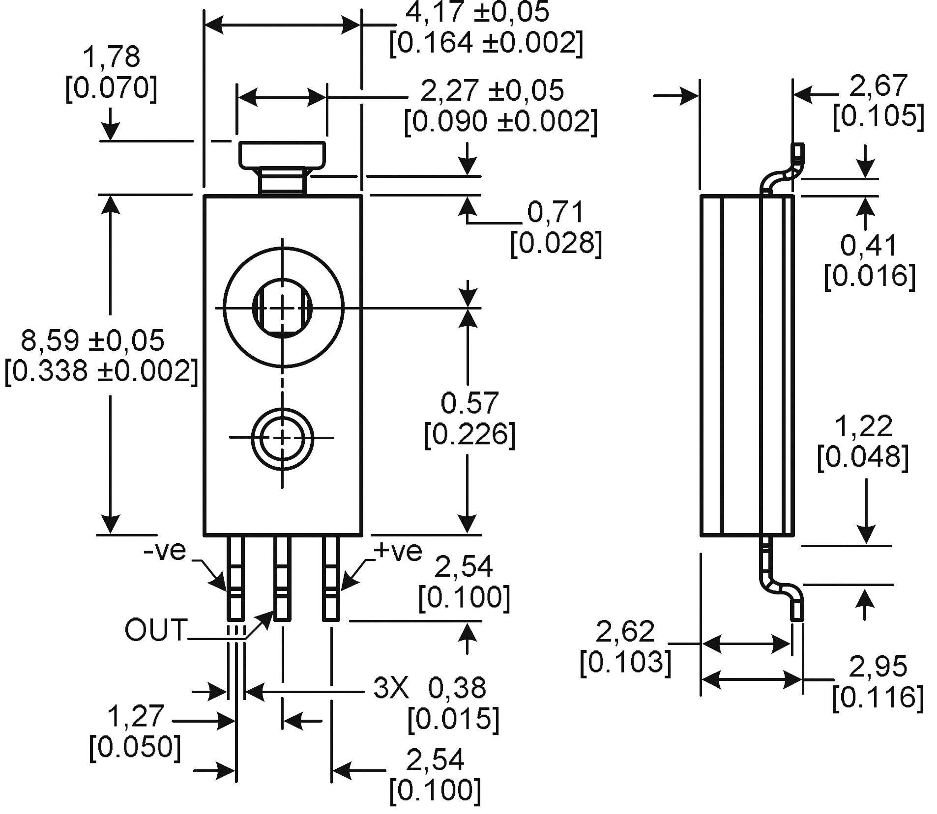 Technische tekening van een elektronisch onderdeel met afmetingen in inches en millimeters, toont voor- en zijaanzicht.