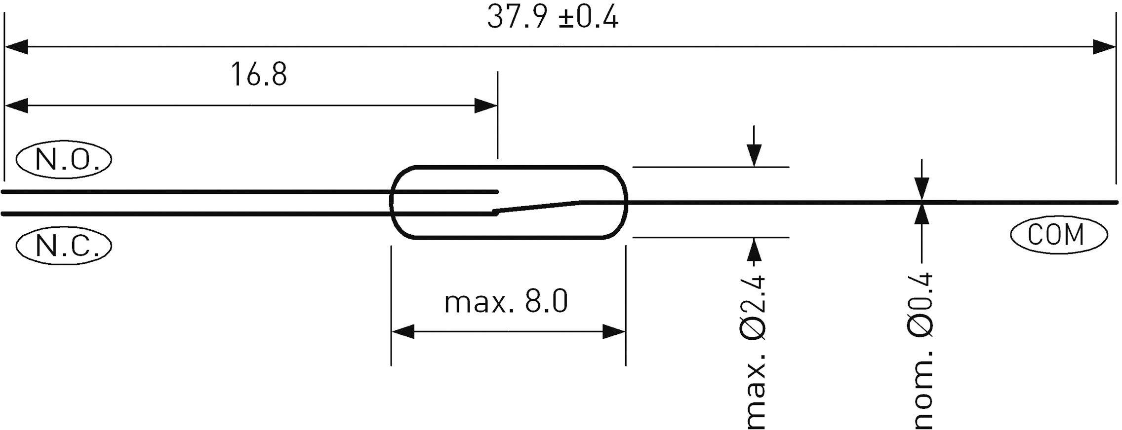 'Elektrisch schema van een component met drie aansluitingen: NO, NC en COM; afmetingen en toleranties in mm.'