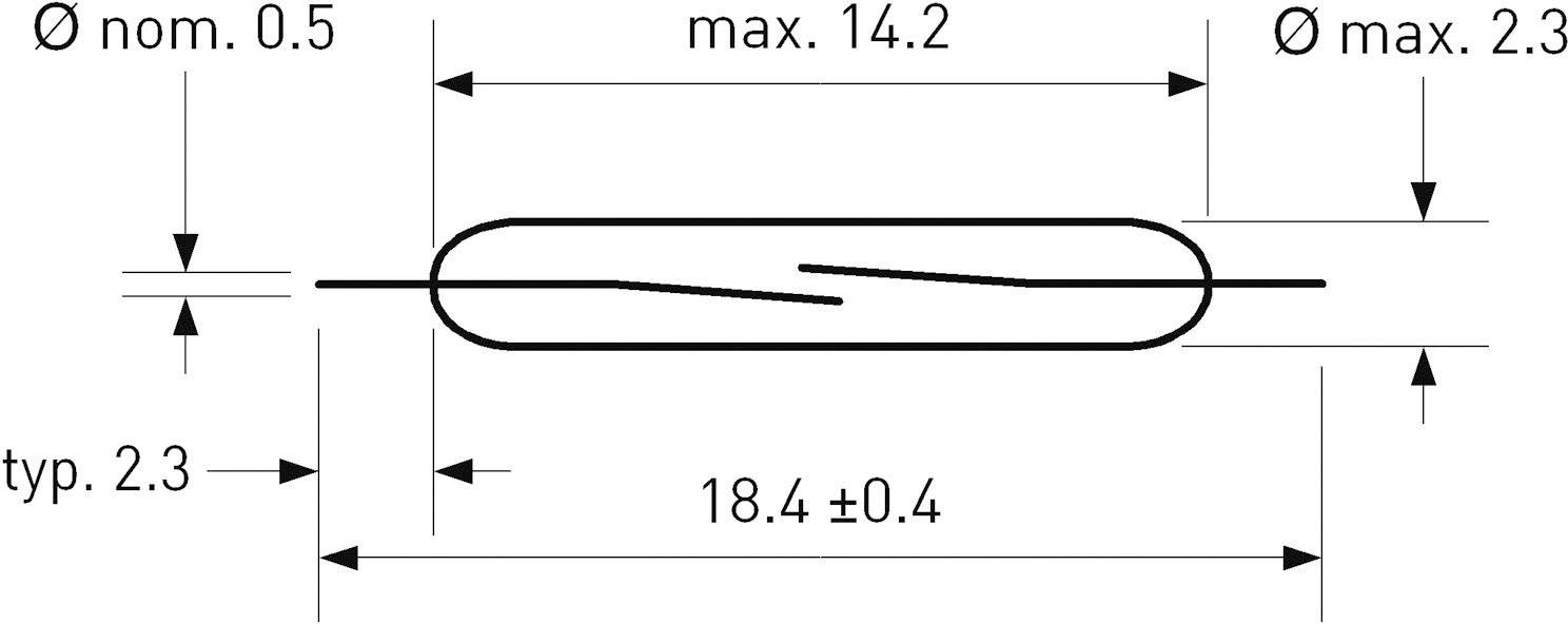 Technische tekening van een cilindervorming object met afmetingen. Lengte: 18,4±0,4 mm, diameter: max. 14,2 mm; dikte: typ. 2,3 mm.