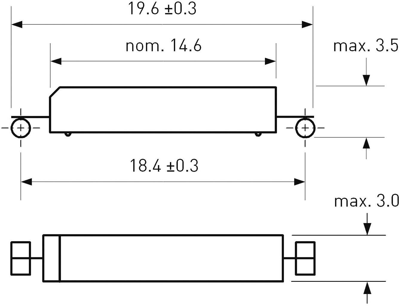 Technische tekening van een rechthoekig onderdeel met afmetingen: lengte 19,6 mm, breedte 14,6 mm, hoogte 3,0 mm. Maattoleransen zijn aangegeven.