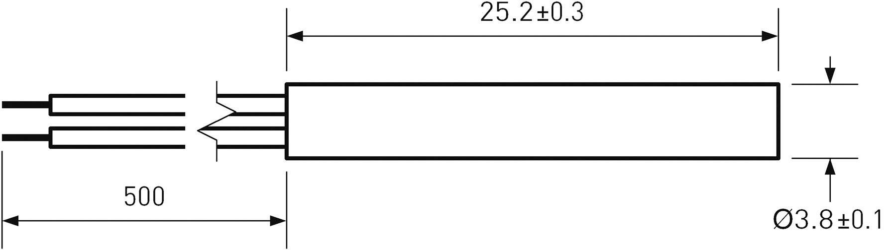 Technische tekening van een plat kabel. Breedte: 25,2 ±0,3 mm, lengte: 500 mm, diameter van de kabeladers: Ø3,8 ±0,1 mm.