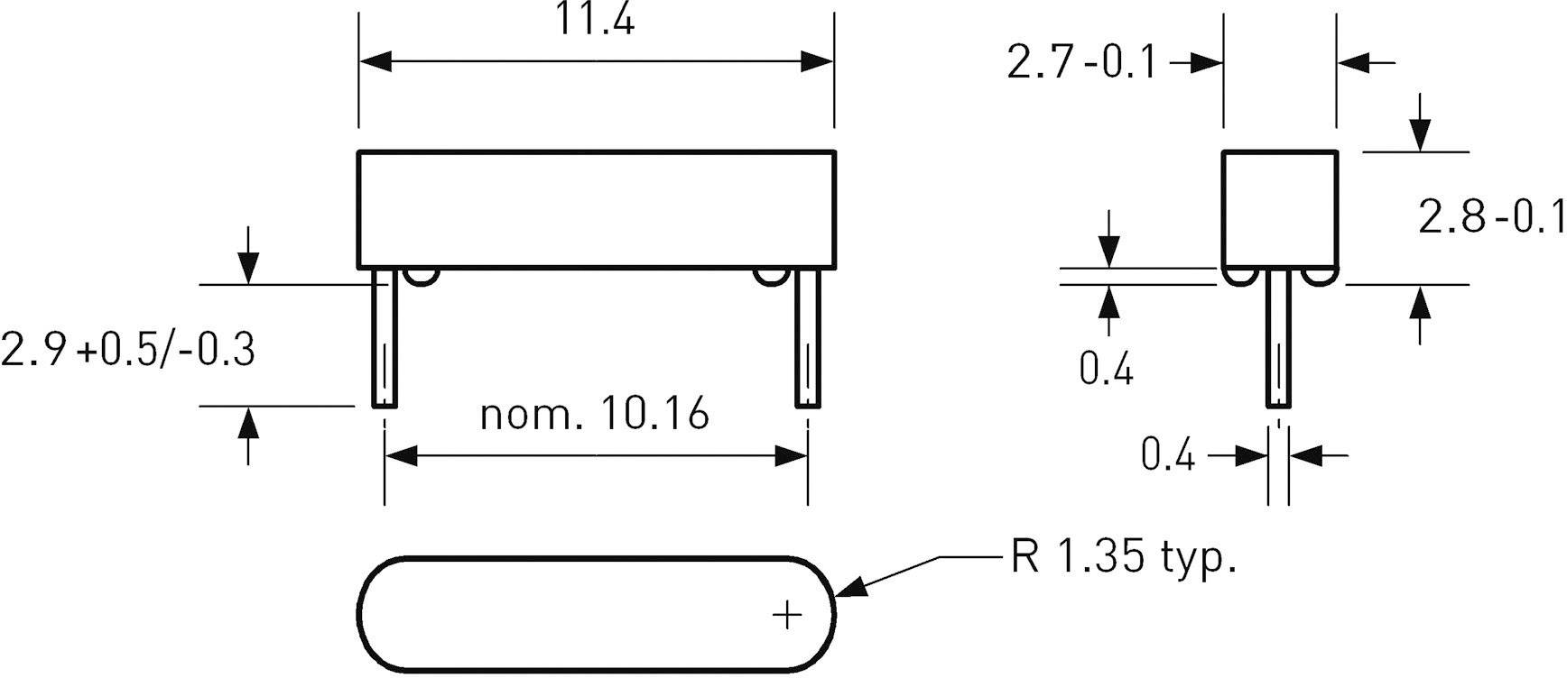 Schakelschemasymbool voor een elektrische weerstand met afmetingen: breedte 11,4 mm, hoogte 2,9 mm, pinnen met 10,16 mm tussenruimte.