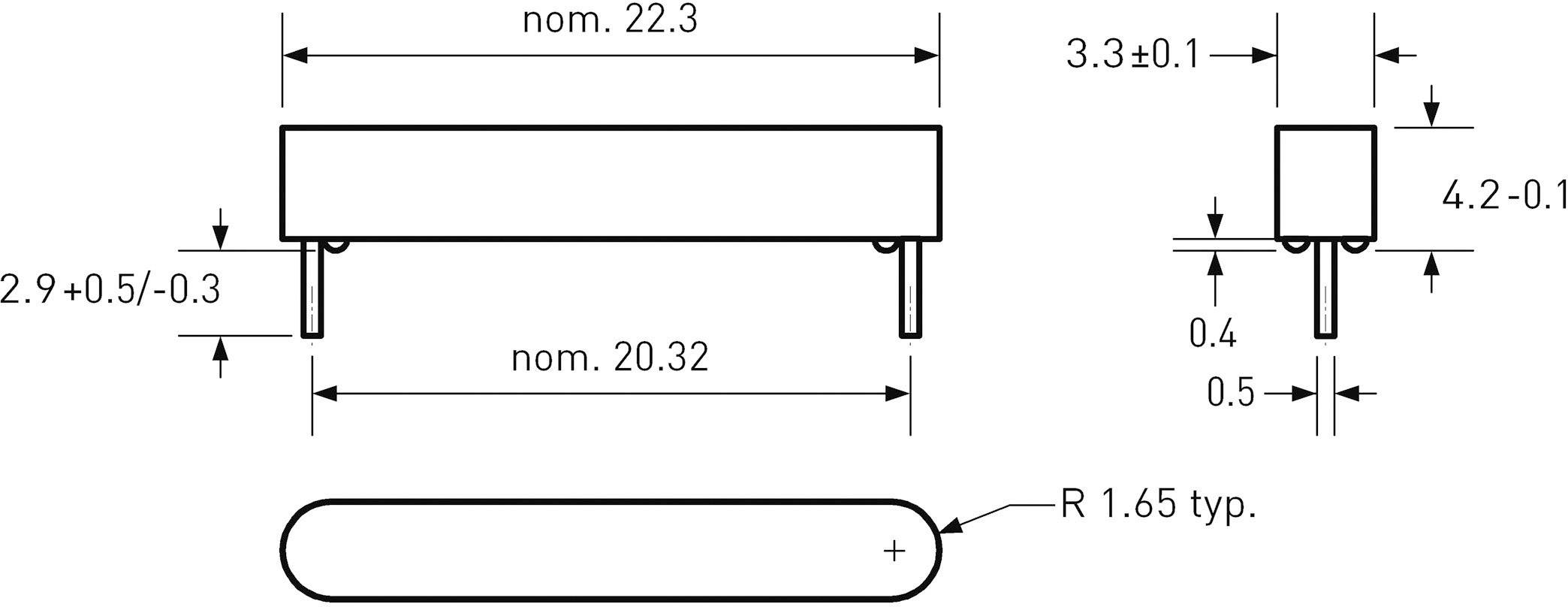 Technische tekening van een elektronisch onderdeel met afmetingen: lengte 22,3 mm, hoogte 4,2 mm, breedte 20,32 mm en specifieke toleranties.