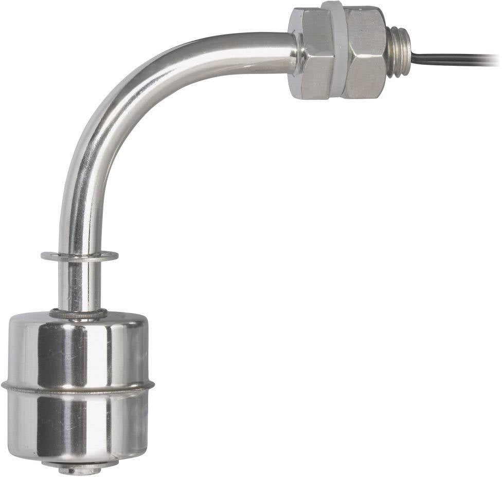 Een roestvrij stalen vlotterschakelaar voor het detecteren van vloeistofniveaus in tanks. Hij beschikt over een gebogen arm en een cilindrische drijver.