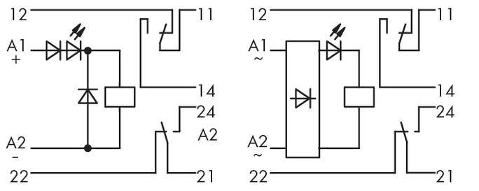 Schakelschema met twee schakelingen. Links: Diodes met LED's tussen A1 en A2. Rechts: Gelijkrichter en LED's tussen A1 en 22.