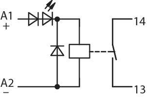 Schakelschema: Relais met vrijloopdiode, LED-indicatie en dubbelschakelaar. Links ingang A1, A2; rechts uitgangen 13 en 14.