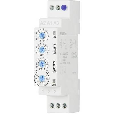 Een witte elektrische tijdschakelklok-module met blauwe regelaars en opschrift 'MCB-8 Timer'.