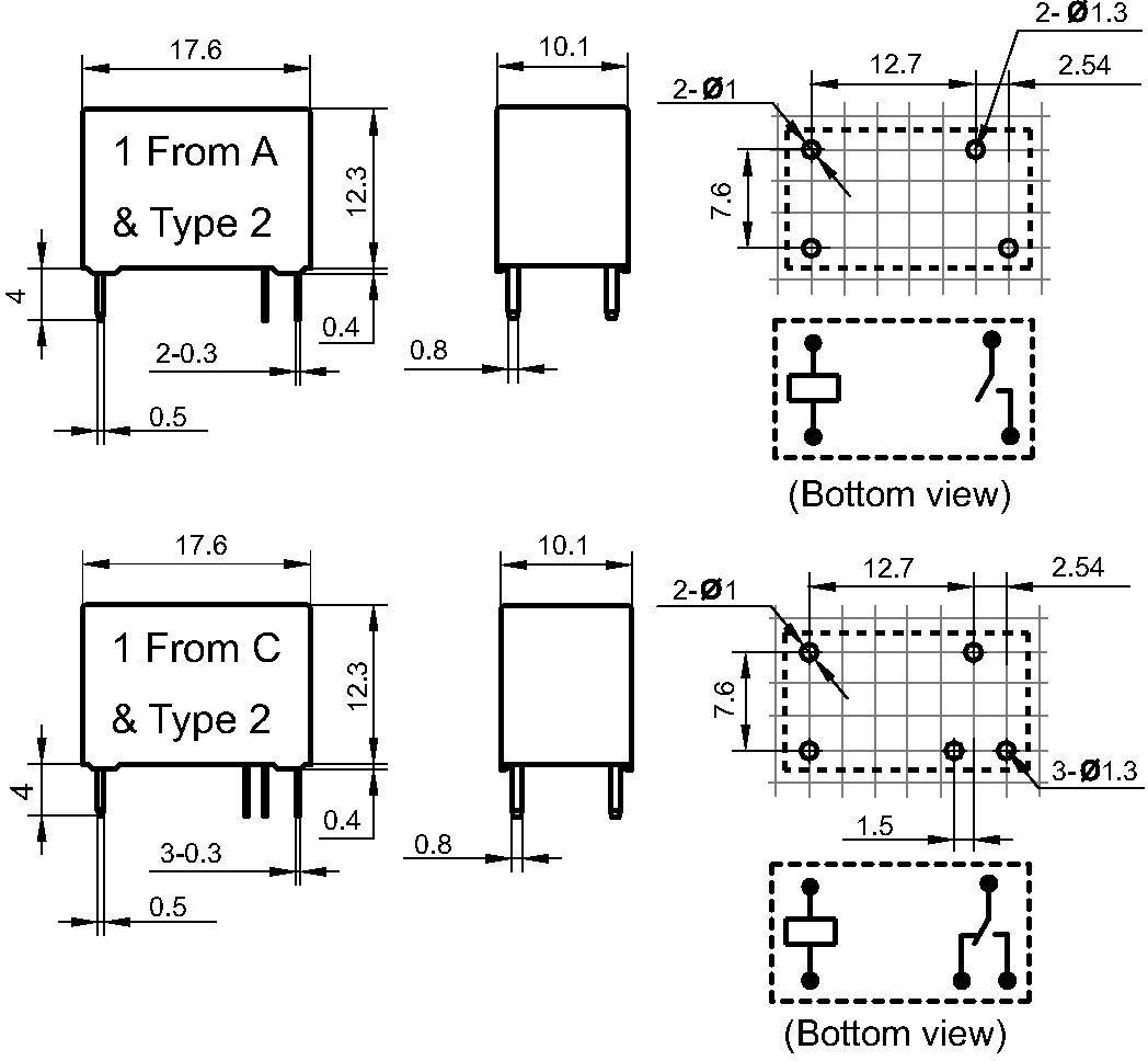 Technische tekening van twee elektronische componenten met maatvoering in millimeters. Bottom view toont aansluitconfiguratie.