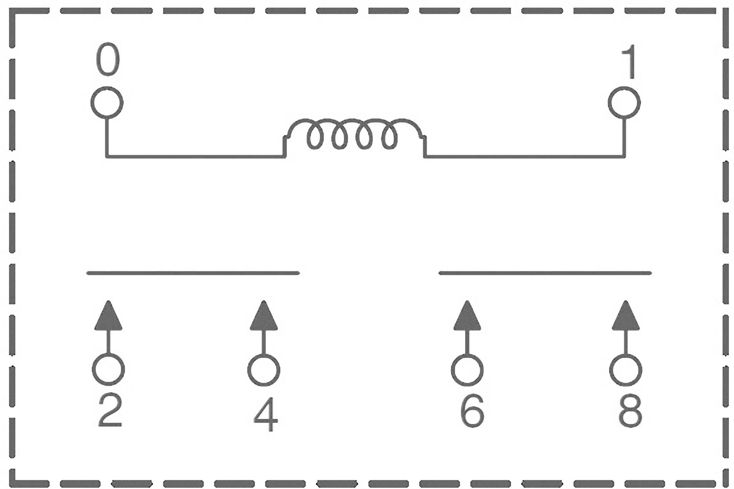 Diagram van een transformator met vier aansluitingen onderaan, genummerd 2, 4, 6, 8 en twee bovenaan, genummerd 0 en 1. Een wikkelingssymbool verbindt 0 en 1.