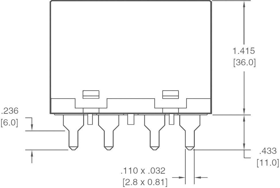 Technische tekening van een elektronisch onderdeel met afmetingen: breedte 1,415 inch, hoogte 0,433 inch, pinafstand 0,236 inch.